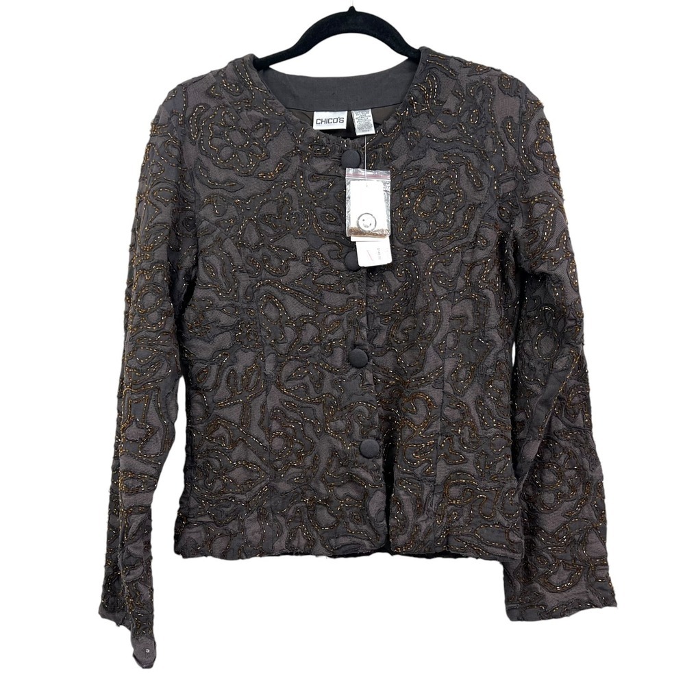 Chico's Womens Chelle Jacket Hand Beaded Round Neck Button Up Lined Brown Sz 0*